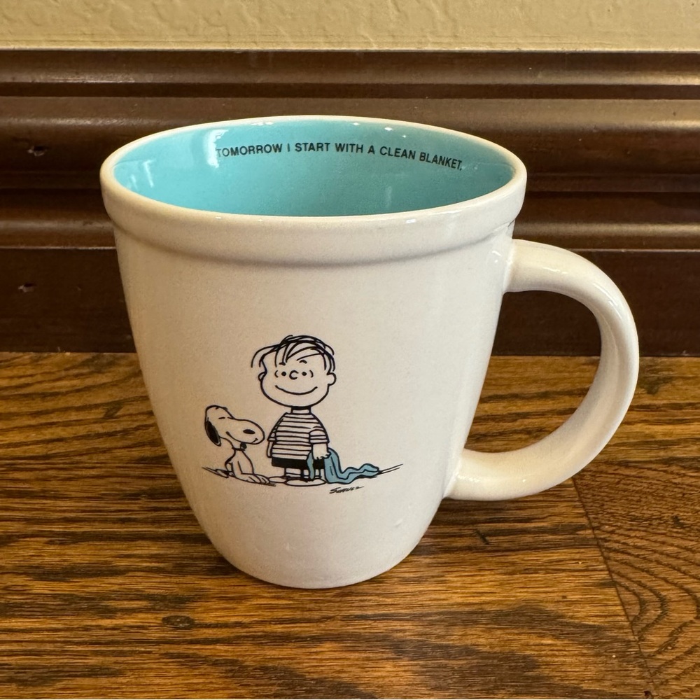 Peanuts Tomorrow I Start With a Clean Blanket Ceramic Mug with Aqua Interior